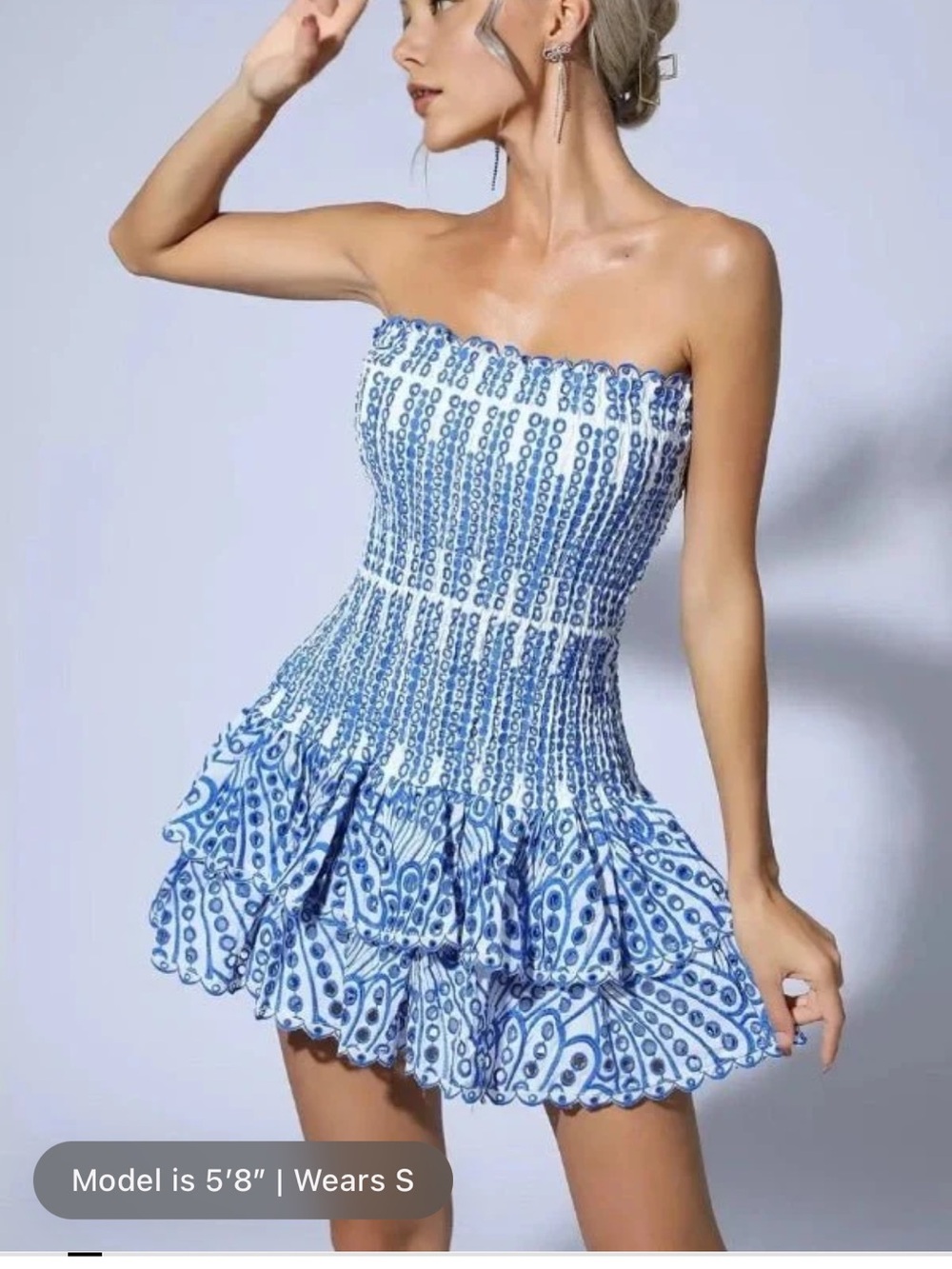 Strapless Blue & White Smocked Ruffle Mini Dress